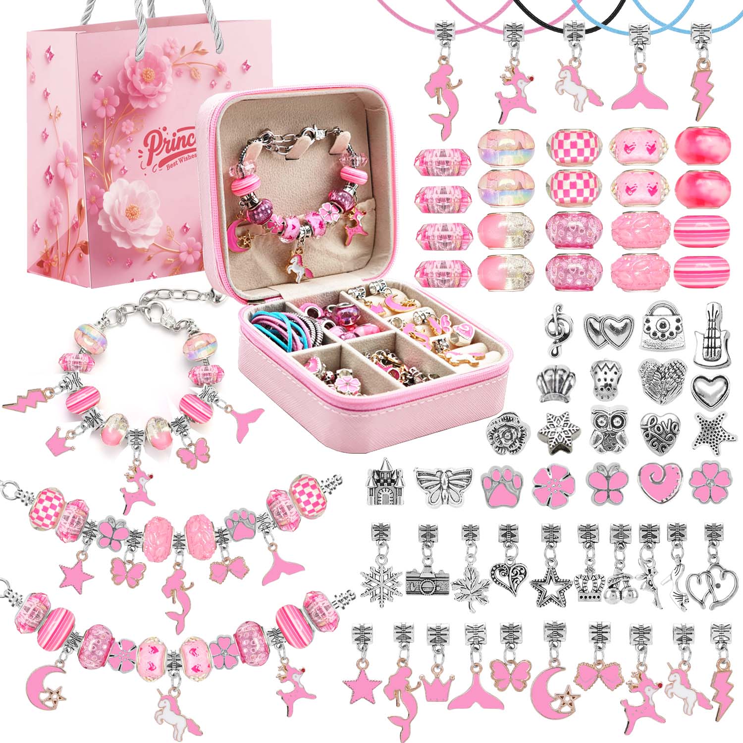 Jewelry Making Box - 68pcs pink beaded jewelry set, charm